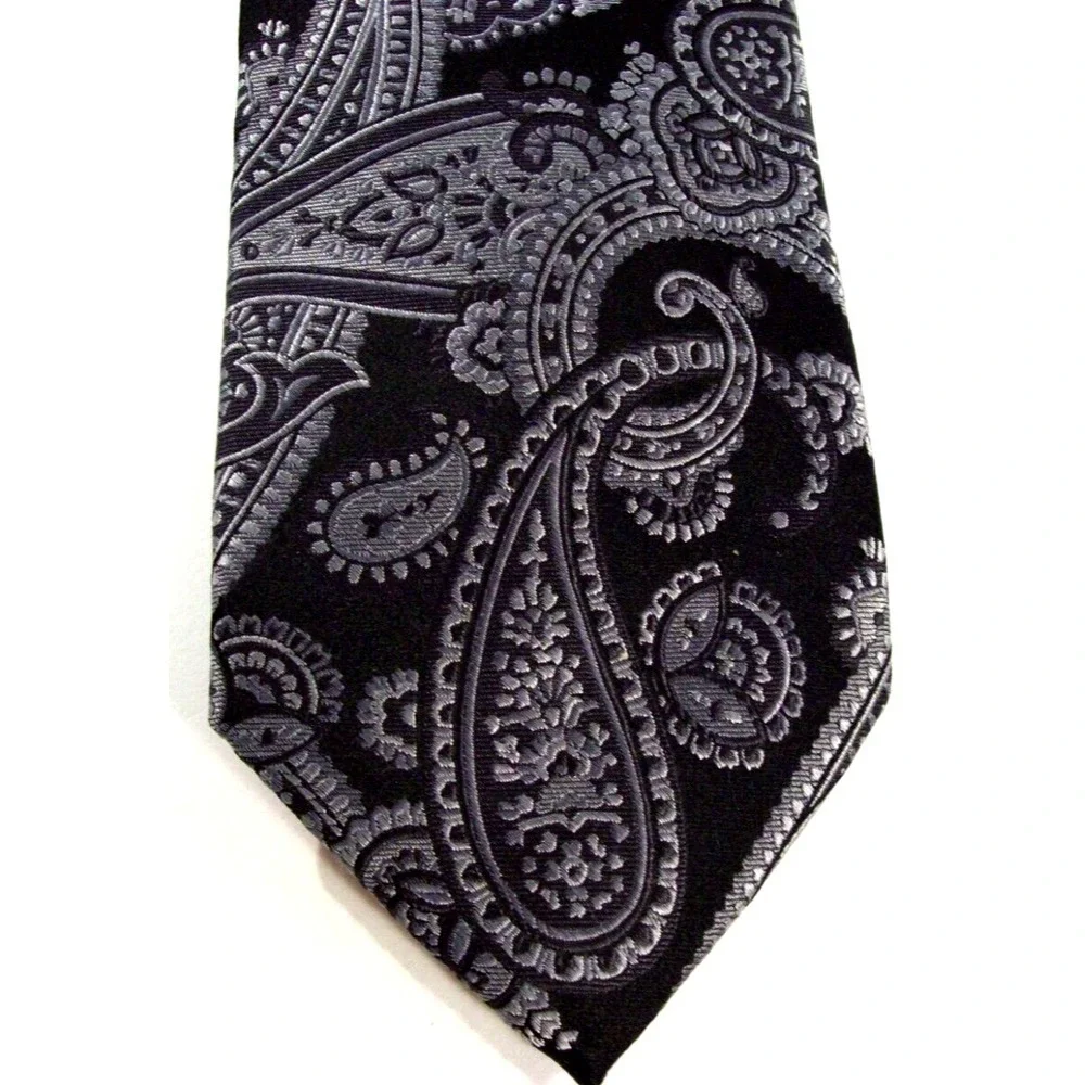 Men's Tallia 100% Silk Neck‎ Tie, Black Gray Paisley